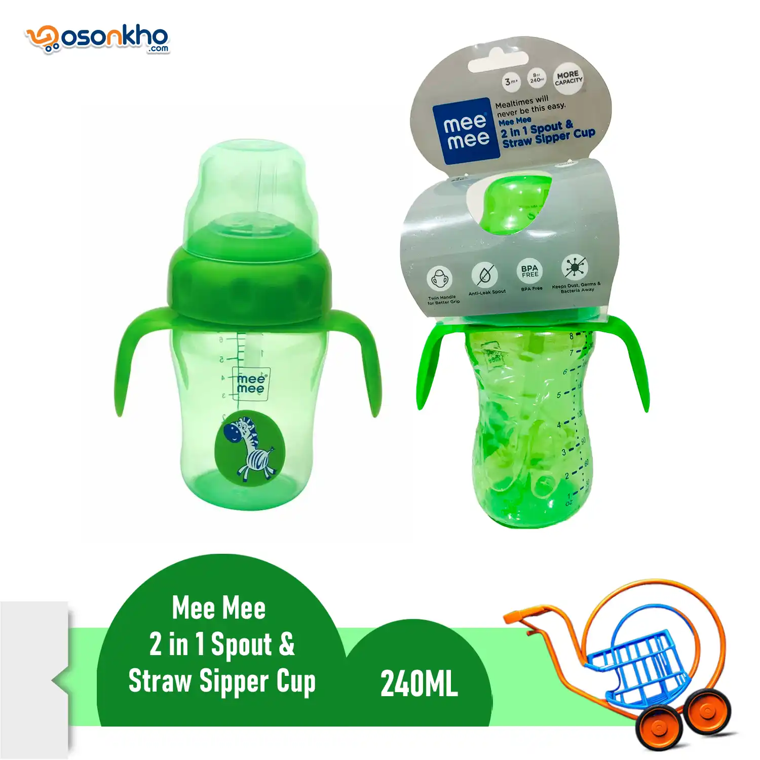 MEE MEE 2 IN 1 SPOUT & STRAW SIPPER CUP 240ML green
