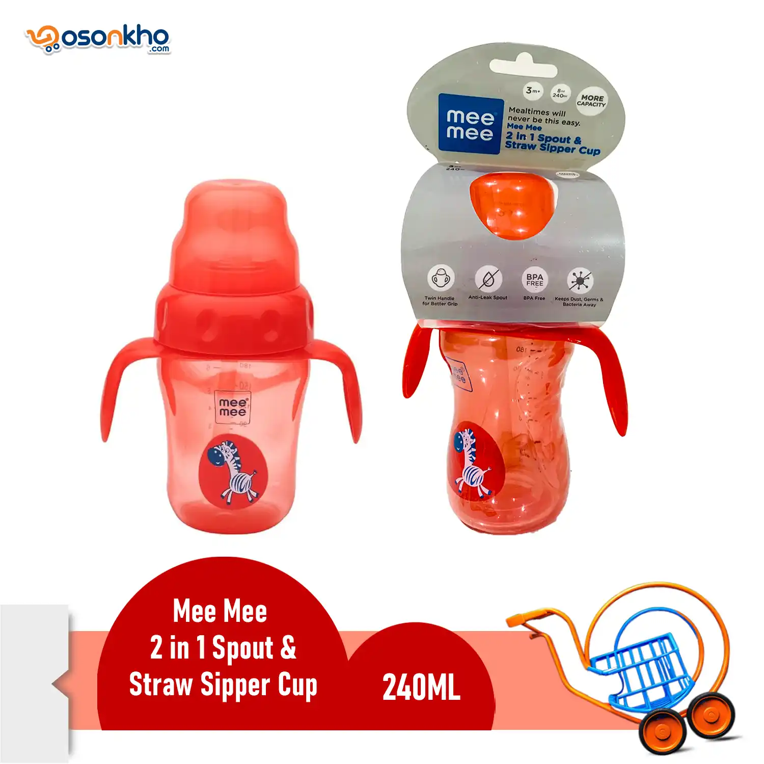 MEE MEE 2 IN 1 SPOUT & STRAW SIPPER CUP 240ML RED