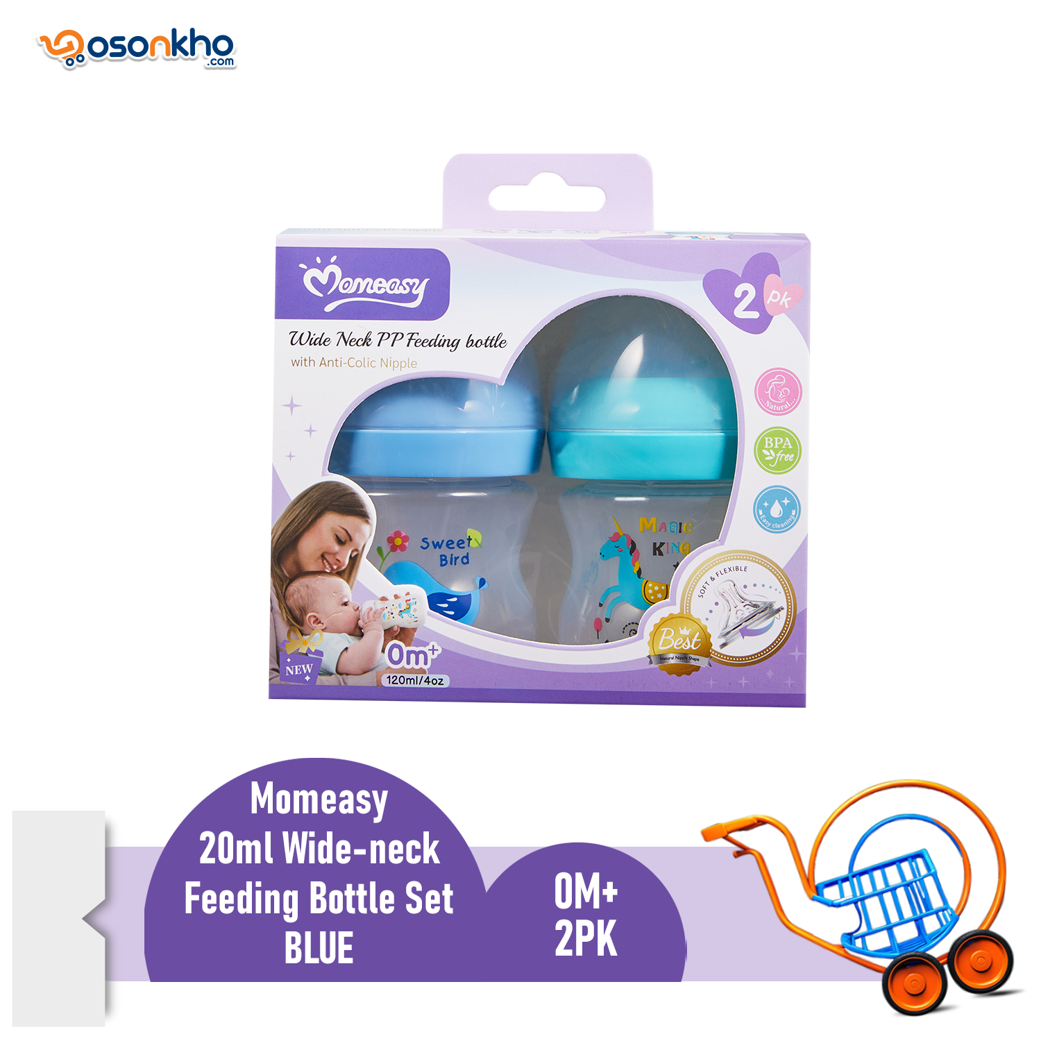 momeasy 120ml Wide-neck Feeding Bottle Set -45634 BLUE 