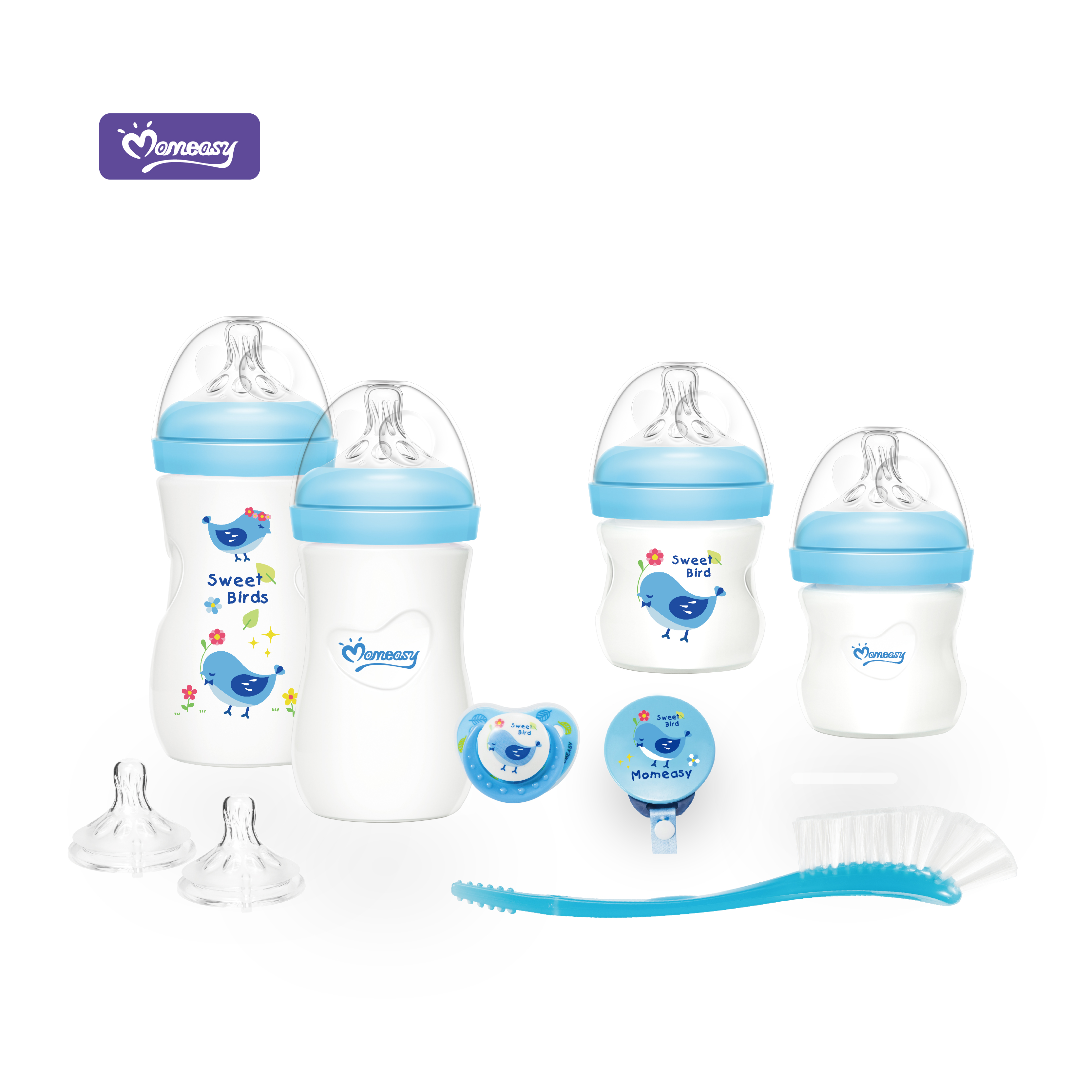 Bottle set (2PCS 8oz wide-neck feeding bottles,2PCS 4oz wide-neck feeding bottles,2PCS extra silicone nipples ,1PC M flow orthodontic pacifie,1PC pacifier holder,1PC bottle brush) blue