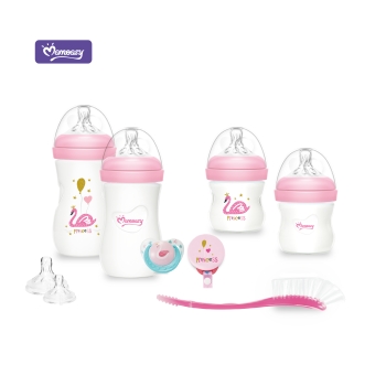 Bottle set (2PCS 8oz wide-neck feeding bottles,2PCS 4oz wide-neck feeding bottles,2PCS extra silicone nipples ,1PC M flow orthodontic pacifie,1PC pacifier holder,1PC bottle brush) pink